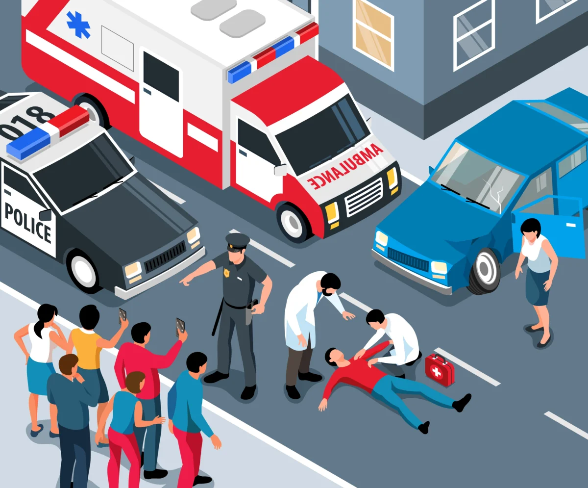 Representação em desenho de acidente nos Estados Unidos, com ambulância, socorristas, policial, vítima, carro batido e curiosos